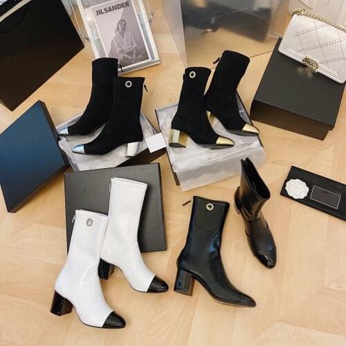 2021 Newest Hot Winter Shoes Woman Patent Leather Mid-Calf Boots Woman Patchwork Boots Woman Round-Toes High Heels Boots Woman