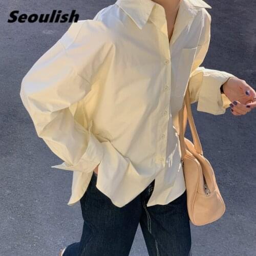 Seoulish 2021 New One Pockets Womens Blouse Pink Turn-down Collar Casual Loose Female Blouse Tops Workwear Oversize Chic Shirts
