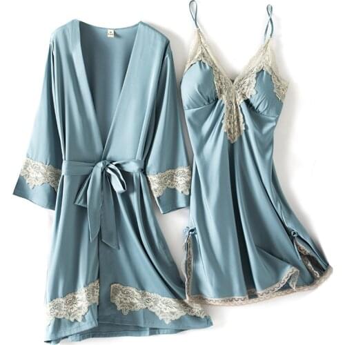 Silky Nightgown Set Women 2PC Sleepshirt V-Neck Lace Pajamas Sleepwear Sleep Suit Negligee Nighty Robe Bathrobe Gown Home Clothe
