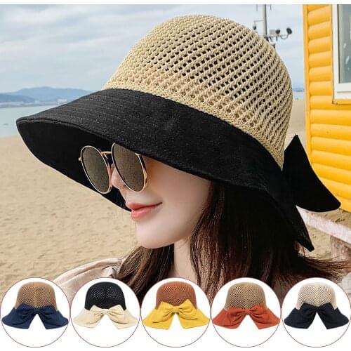Sun Hat For Girls Hot Sale High Quality Ladies Bowknot Fashion Knitting Stitching Hollow Breathable Sun Hat For Dropshipping