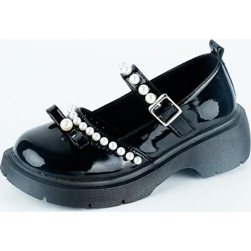 Lucyever 2021 Patent Leather Pearls Mary Janes Shoes Women Thick Heels Bow Lolita Shoes Woman Ankle Strap Platform Student Shoes