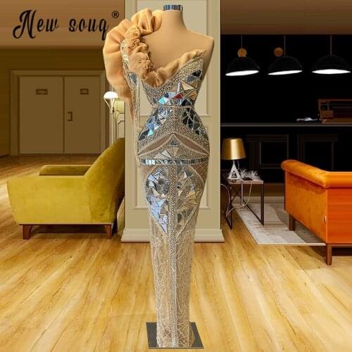 Crystals One Shoulder Evening Gowns Floor Length Mermaid Formal Prom Dress African Long Robes for Party Custom Made Plus Size