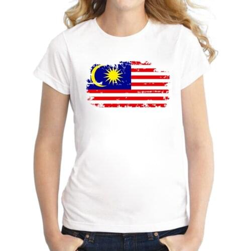 BLWHSA New Women Malaysian National Flag round Collar T-Shirt Cotton Female Tshirts Casual Wear Fashion White Top Quality