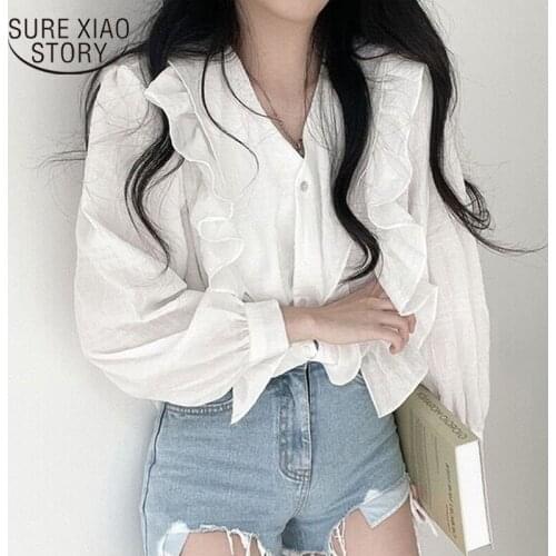 V-neck Ruffled Long Sleeve Womans Shirt 2021 New White Shirts Korean Loose Sunscreen Tops Blusas Fashion Women Blouses 15725
