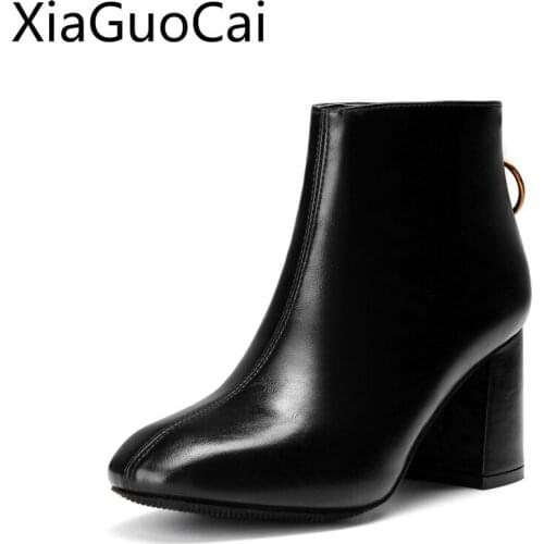 Genuine Leather Womens Boots Square Heels Zipper Platform Velvet Chelsea Boots Net Red Shoes High Heels Martin Boots