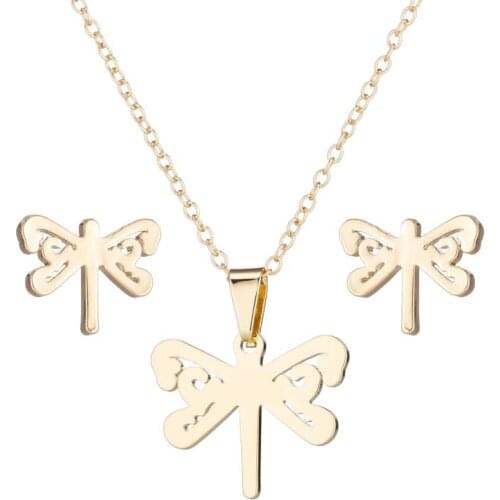 AsJerlya New Cute Animal Dragonfly Pendant Necklace Earrings For Women Stainless Steel Gold Silver Color Chain Stud Earrings