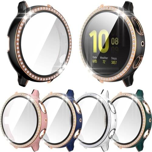 Women PC Diamond Screen Protector Cover for Samsung Galaxy Watch Active 2 40mm 44mm Case with Glass Film Two-color Bumper Shell