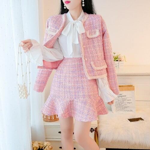 High Quality 2021 Autumn Winter Elegant Women Suit Single Breasted Beaded Short Coat Top+Mini Mermaid Skirt Tweed Two Piece Set