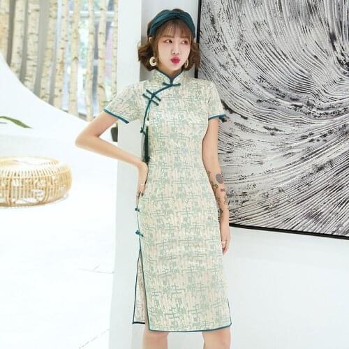 Vintage Oversize 3XL Novelty Short Chinese Formal Lace Dress Chinese Style Women Mandarin Collar Qipao Elegant Lady Cheongsam
