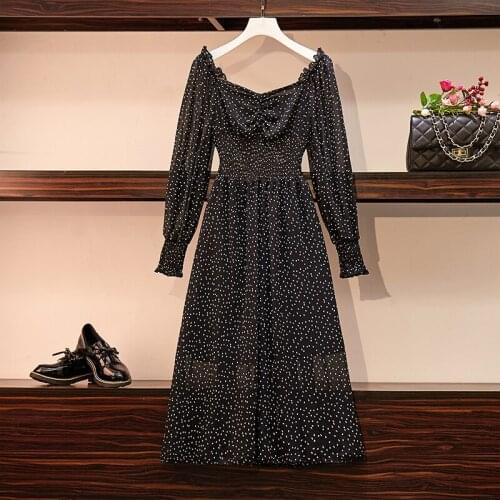 Plus Size Dress Women Vintage Print Chiffon Dress 2020 New Sexy Square Collar Lantern Sleeve Elastic Waist Ladies Dresses M-5XL