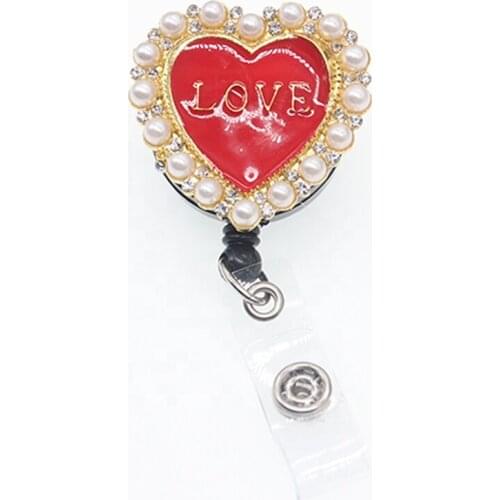 10pcs/lot New Arrival Pearl Enamel Rhinestone Love Heart Retractable ID Badge Reel for Nurse Doctor Office Supplies