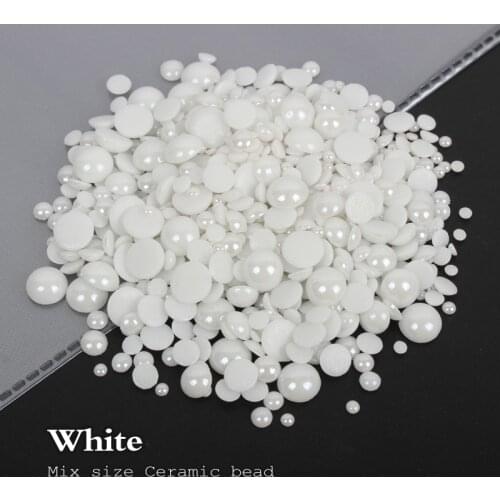 1000pcs/lot white/black Mix Sizes Ceramic Beads Half Round Flatback Pearl 2mm-6mm mixed for DIY Glue Nail Art Garment