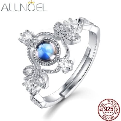 ALLNOEL 925 Sterling Silver Ring For Women Vintage Platinum Plated 4mm Natural Moonstone Fine Jewelry Wedding Adjustable Rings