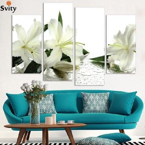 Free shipping 4 Panels White flowers Painting Canvas Wall Art Picture Home Decoration Living Room Canvas Print Modern Painting