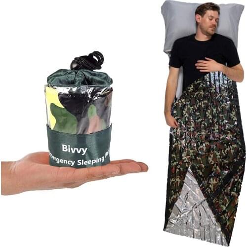 PET Camouflage Sleeping Bag Portable Waterproof Thermal Survival Sack Blanket Outdoor Camping Hiking Life-saving Tool