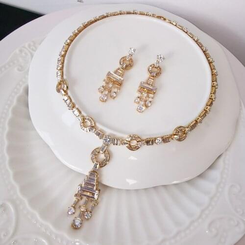 2020 new fashion romantic crystal CZ zircon tassel necklace earring sets wedding bridal banquet formal dinner jewelry set