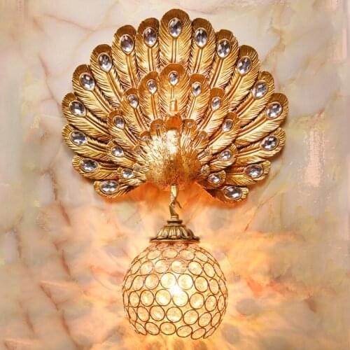 European-style creative peacock lamp wall lamp European study bedside staircase living room aisle wall TV crystal wall lamp