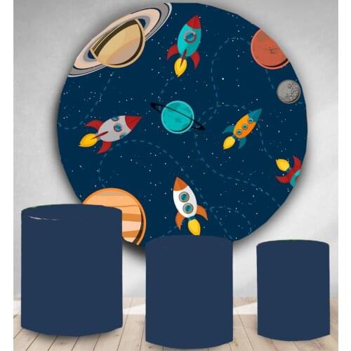 Circle backdrop round background Cartoon space Outer Planet Starry Sky Rocket Ship Boy Birthday Party decor Banner vinyl poster
