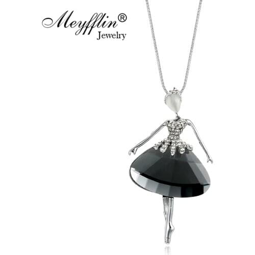 Meyfflin Crystal Dance Ballet Girl Necklace Chain Pendant for Women Black Silver Color Statement Maxi Necklace Fashion Jewelry