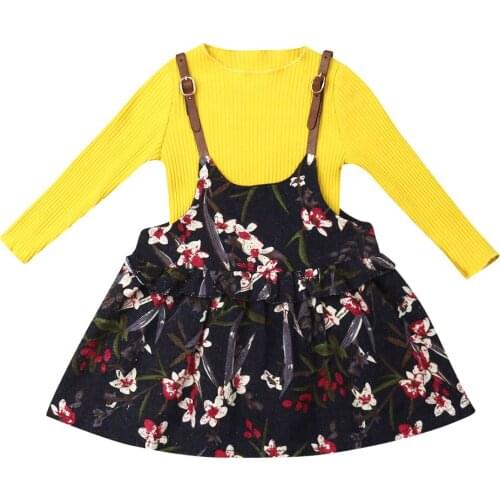 Sweet Kids Baby Girl Warm Autumn Clothes Long Sleeve Knitted Tops Floral Strap Dress 2pcs Outfit Set