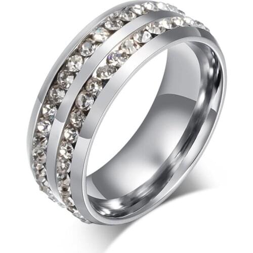 Qianbei Fashion Womens Crystal Rings Two Rows Silver Plated Stainless Steel Wedding Rings For Women Party Jewelry HOT