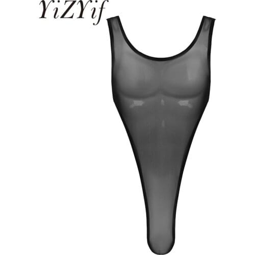 Men Tank Wrestling Singlet Bodysuit See Through Sheer Mesh Lingerie Bodysuit Deep U Neck Sleeveless High Cut Leotard Jumpsuit
