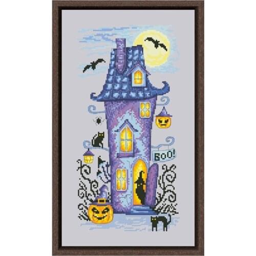 Gloomy house cross stitch kit cartoon Halloween ghost pumpkin 14ct silver grey unprint canvas cotton silk thread embroidery