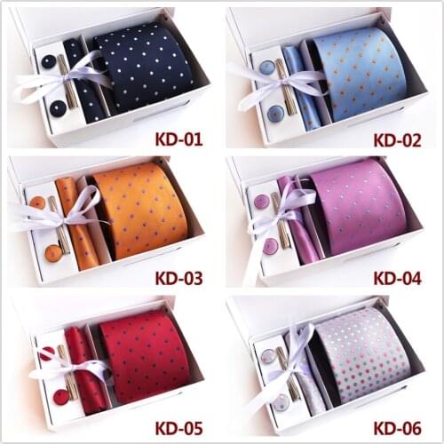 Fashion Dot Men tie Set Wedding Ties pocket squares Handkerchief Cufflinks Business Tie Clip Gift Box 8cm accessories
