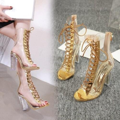 2021 Summer New Womens High-Heeled Sandals Fashion Fish Mouth Transparent Lace-Up Zipper Nightclub Catwalk Crystal Shoes