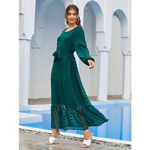 New Summer Muslim Women Dress O Neck Lace-up Slim Elegant Moroccan Kaftan Plus Size Abayas India Islamic Jubah Djellab Vestidos