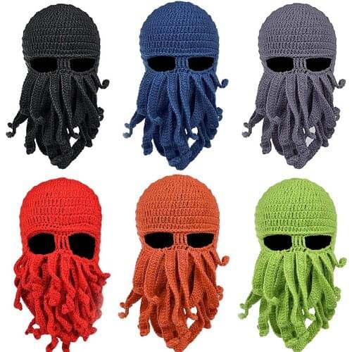 Novelty Handmade Funny Tentacle Octopus Hat Crochet Cthulhu Beard Beanie Mens Womens Knit Wind Mask Cap Halloween Animal Gift