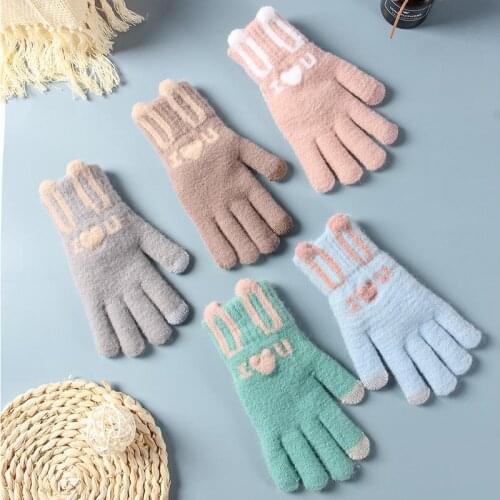 New Fashion Wool Winter Gloves Touch Screen Knitted Wool Warmth Thick Fluff Riding Five-Finger Skin-Friendly Female Gloves