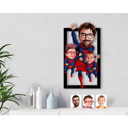 Personalized Super Dad 2 Child Caricature OF 3D Wood Tablo-1