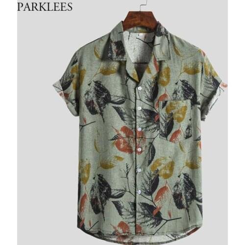 Retro Green Hawaiian Beach Shirt for Men 2021 Summer Short Sleeve Leaves Print Tropical Aloha Shirts Holiday Vacation Clothing