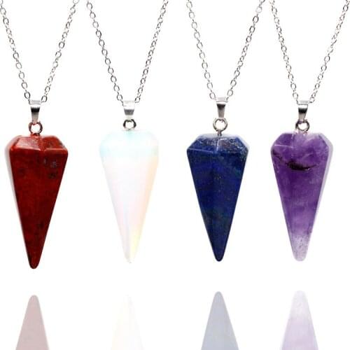 Reiki Healing Crystal Stone 6 Facet Pointed Pendant Necklaces Pyramid Hexagonal Necklace for Women Men