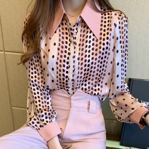 2021 Spring and Autumn New Fashion Color Matching Polka Dot Chiffon Korean Office Ladies Shirt Long Sleeve Top Women