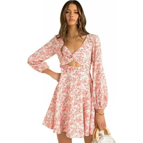 Long Sleeve Sexy Dress Women Clothing Casual Short Skirt Autumn Print European And American Sexy V-Neck Slim Mini Skirt Vestidos