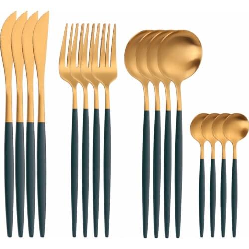 16Pcs Matte Green Gold Stainless Steel Cutlery Tableware Set Dinnerware Flatware Set Forks Knives Spoons Set Wedding Silverware