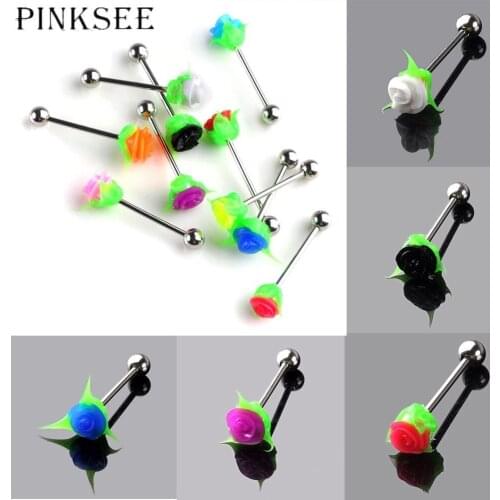 PINKSEE 5pcs Silicone Stainless Steel Rose Flower Tongue Bars Tounge Barbell Piercing Body Jewelry Gifts 9 Colors Availables