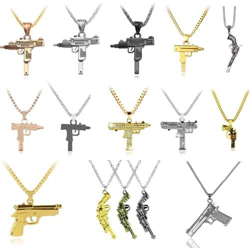 UZI Gun Pendant Necklace Iced Out Crystal Long Chain Pistol Submachine Gun Necklace Women Men Unisex Hiphop Jewelry
