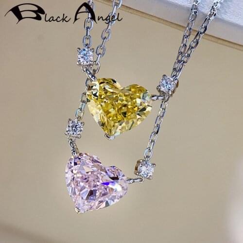 BLACK ANGEL Fashion Shiny Citrine Pink White Gemstone Romantic Heart Shaped Pendant Necklace for Women 925 Silver Jewelry Gift