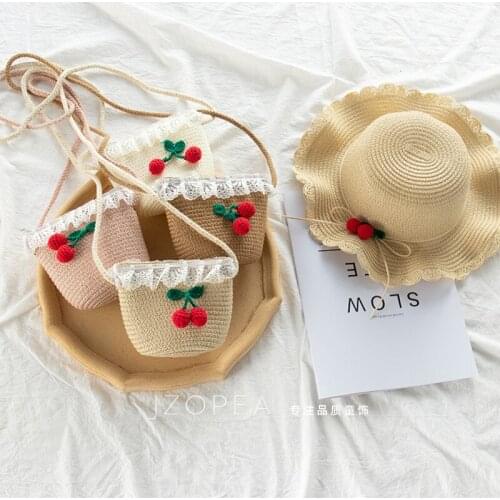 Childrens summer straw hat 2-piece set of childrens fruit series hat dome hat woven student school bag children storage wallet