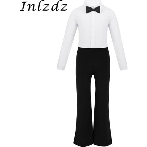 Kids Boys Jazz Dance Costumes Outfit Lapel Bowtie Romper Shirt Leotard Bodysuit with Boot Cut Pants Trousers for Jazz Dance