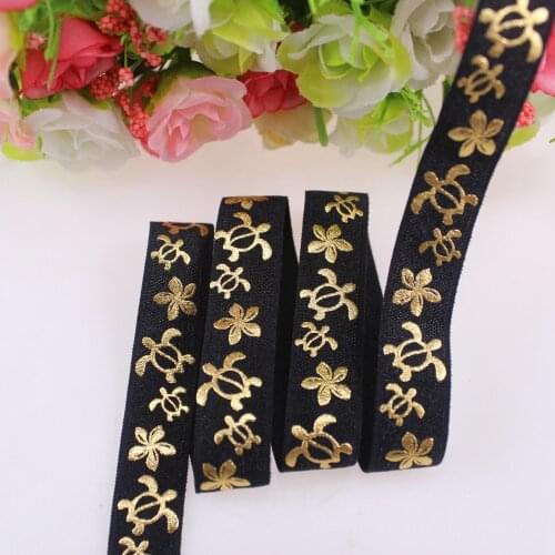 5/8" gold foil Turtle printed fold over elastic #030 black, foe elastic for hair accessories, 50yards/lot