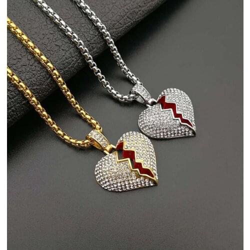 Funmode Hip Hop Link Chain Gold Color Broken Heart Design Pendant Necklace For Women Men Jewelry Accessories Bijoux FN135