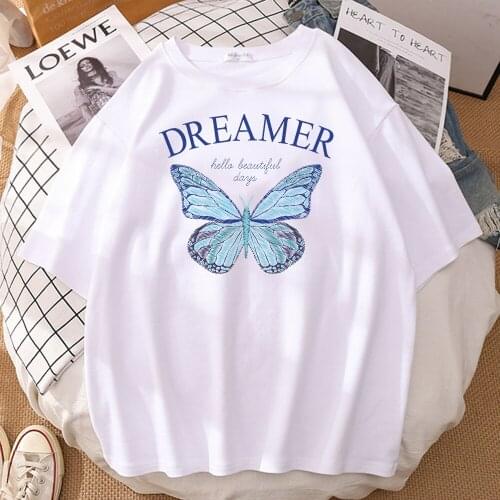 Womens T-Shirts Ice Green Butterfly Printing Casual O-Neck Tees Shirts Hip Hop Oversized T Shirts Harajuku Round Neck Tshirts