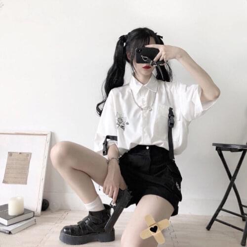 HOUZHOU Summer Womens Suit White Short Sleeve Shirt Wide Leg Cargo 2 Piece Shorts Sets Pants Fashion Preppy Style Streetwear