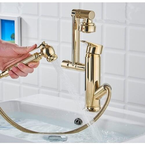 Bathroom Basin Faucets Solid Brass Sink Mixer Vessel Crane Tap Hot & Cold Deck Mounted Single Handle Rotate Pull Out Type Gold