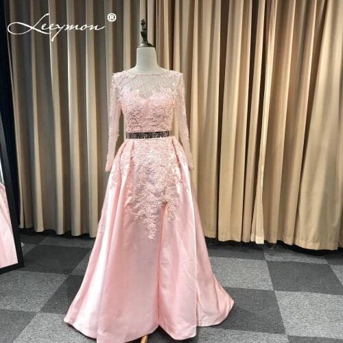 Leeymon Long Sleeves Open Back Pink Satin Prom Dress Court Train Fashion 2020 New Prom Gown for Party LY7251