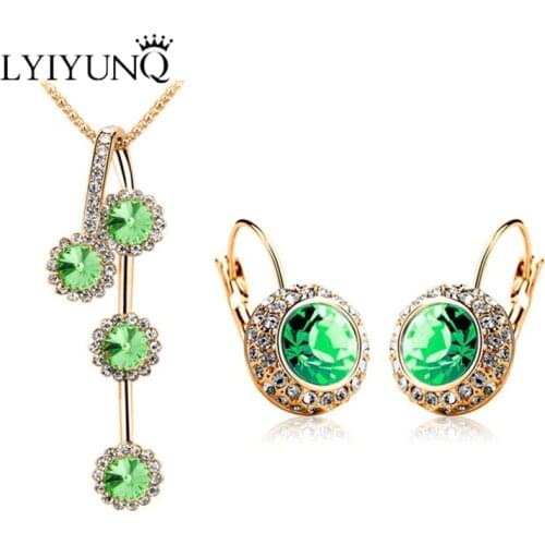 LYIYUNQ Trendy Round Crystal Long Earrings Pendant Necklace Jewelry Set Punk Rhinestone Wedding Jewelry Sets For Women